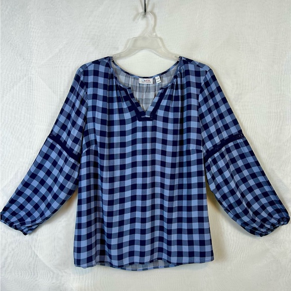 Denim&Co Tops - Denim & Co Women’s Blue Plaid Pullover Long Sleeve Lace Trim Top 3XL